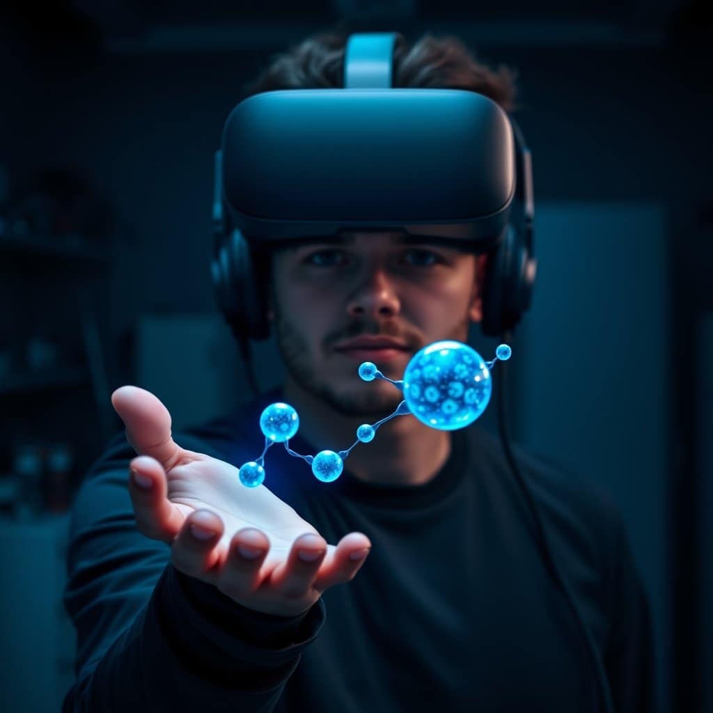NexoPeek hero — a VR user holding a glowing molecule